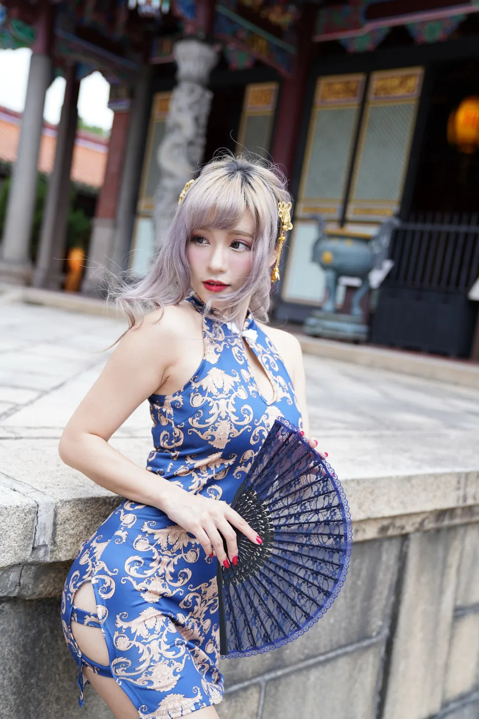 [Mzsock] NO.149 Xue Kaiyun blue flower short cheongsam with high heels and beautiful legs street photography#[105P]-1