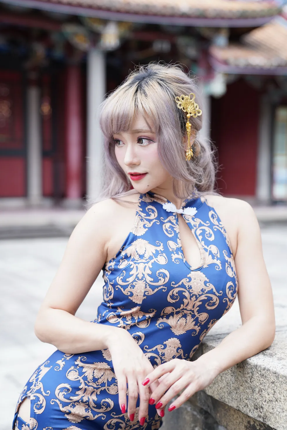 [Mzsock] NO.149 Xue Kaiyun blue flower short cheongsam with high heels and beautiful legs street photography#[105P]-9