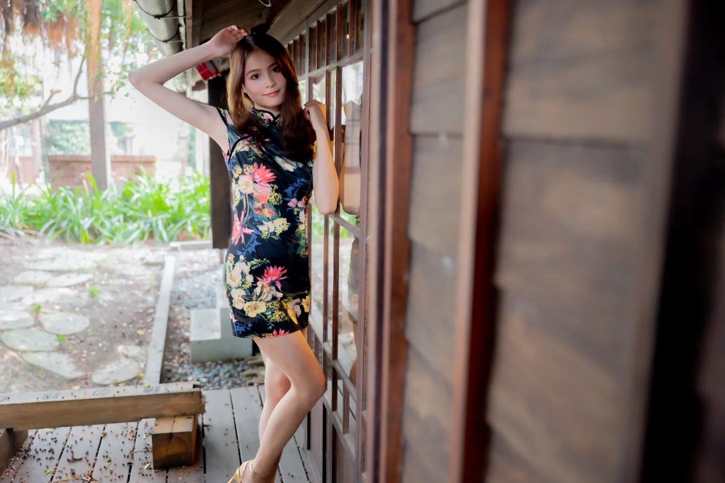 [Mzsock] NO.202 He Jiaxin black flower short cheongsam stockings high heels beautiful legs street photography#[97P]-2