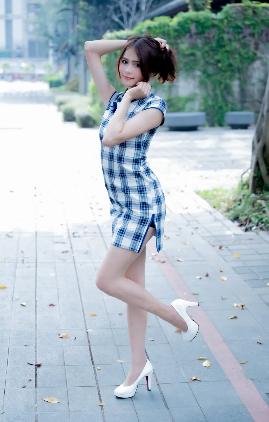 [Mzsock] NO.205 He Jiaxin plaid short cheongsam stockings high heels beautiful legs street photography#[84P]-6